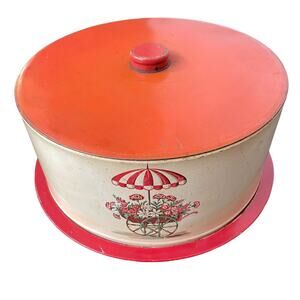 Vintage Metal Cake Carrier Keeper Decoware MCM Tin Round Cover Red Orange READ